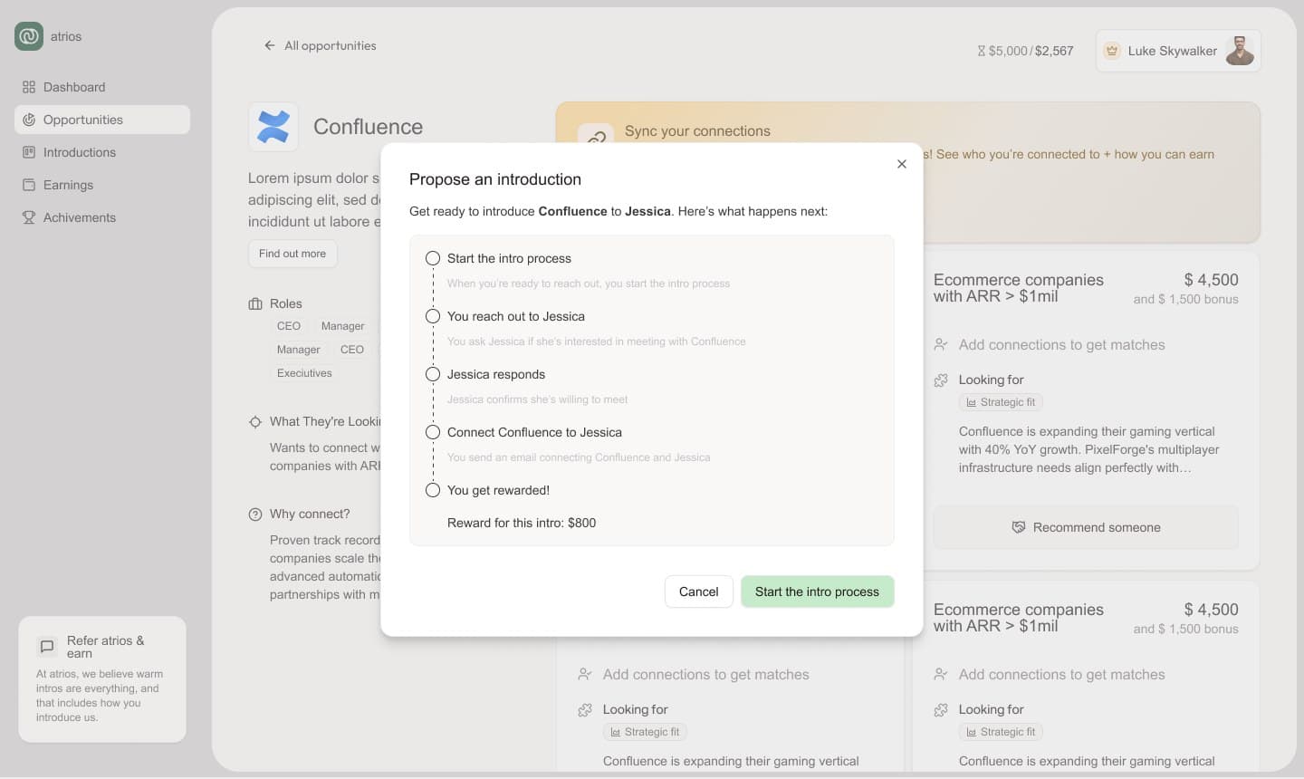 The old Propose an introduction dialog listing five steps: start the intro process, reach out, they respond, connect them by email, get rewarded $800