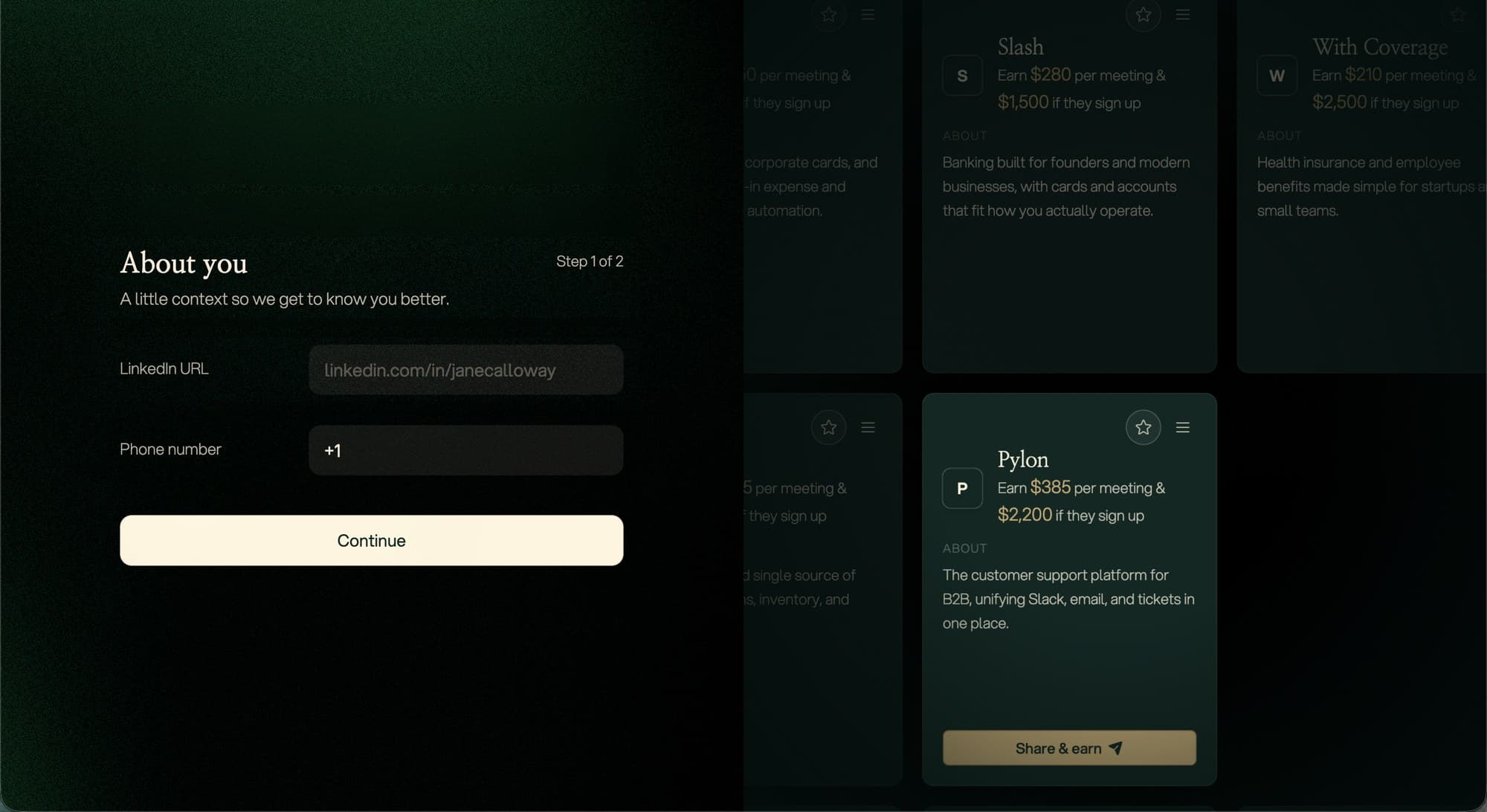 The new Atrios application: paste a LinkedIn URL, pick a role and industry, add a phone number, with the companies marketplace visible behind the form